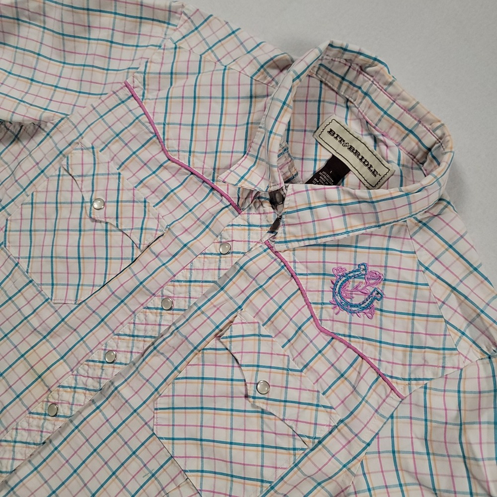 Bit & Bridle Western Shirt Womens L White Pink Blue‎ Plaid Horseshoe Pearl Snap